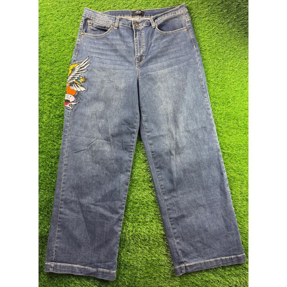Ed Hardy Brave Hearts Eagle Wide Leg Denim Jeans W34 Y2K VTG Embroidered Graphic - Picture 2 of 15